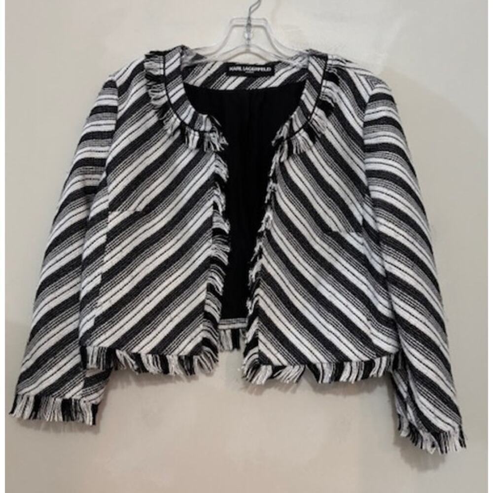 Karl Lagerfeld Collarless Blazer Jacket Open Front Fringe Trim Medium Petite M/P